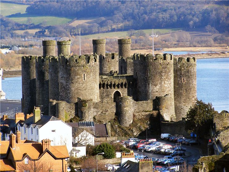 Conwy Castle and car park from Town Walls